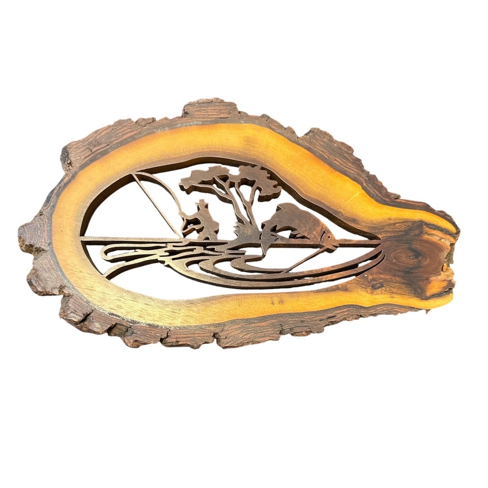 Unbranded Wood Wall Art Unisex OS Brown Rustic Fishing Scroll Saw Slab‎